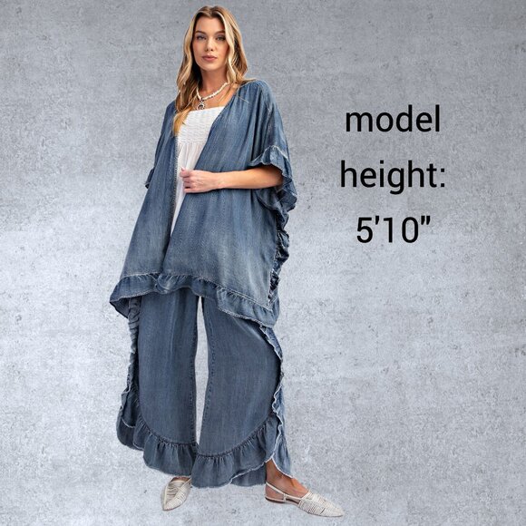 EASEL RESTOCKED! Raw Ruffle Trim Pants Elastic & Drawstring Waist & Scooped Hem - Picture 12 of 15